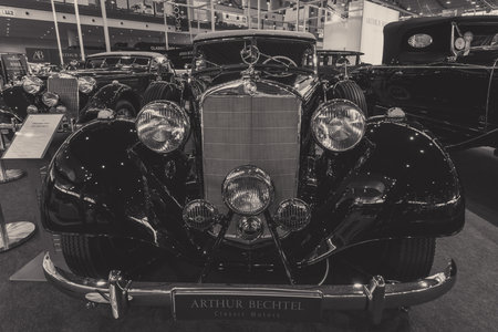 STUTTGART, GERMANY - MARCH 02, 2017: Luxury car Mercedes-Benz Typ 320 Cabriolet D (W142), 1939. Stylization. Black and white. Europe's greatest classic car exhibition "RETRO CLASSICS"のeditorial素材