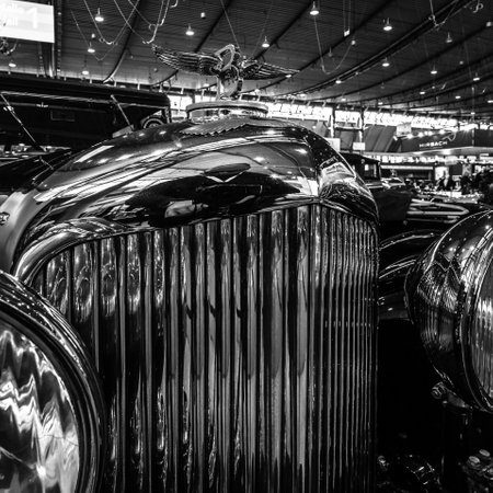 STUTTGART, GERMANY - MARCH 02, 2017: Hood ornament of a luxury car Bentley 4-Litre, 1931. Black and white. Europe's greatest classic car exhibition "RETRO CLASSICS"のeditorial素材