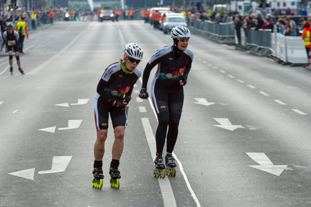 BERLIN - APRIL 02, 2017: The annual 37th Berlin Half Marathon. Roller on the road.のeditorial素材