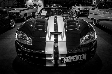 STUTTGART, GERMANY - MARCH 03, 2017: Sports car Dodge Viper SRT-10, 2008. Black and white. Europe's greatest classic car exhibition "RETRO CLASSICS"のeditorial素材