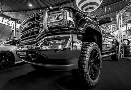 STUTTGART, GERMANY - MARCH 03, 2017: Heavy-Duty pickup truck GMC Sierra 1500 Crew Cab SLT, 2017. Black and white. Europe's greatest classic car exhibition "RETRO CLASSICS"のeditorial素材