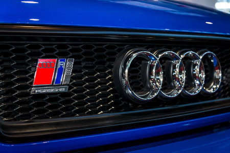 STUTTGART, GERMANY - MARCH 04, 2017: Emblem of an entry-level luxury car Audi RS 2 Avant, 1995. Europe's greatest classic car exhibition "RETRO CLASSICS"のeditorial素材