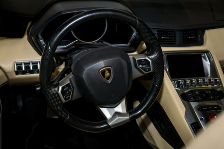 STUTTGART, GERMANY - MARCH 04, 2017: Interior of Lamborghini Aventador. Europe's greatest classic car exhibition "RETRO CLASSICS"のeditorial素材