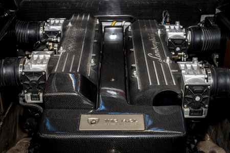 STUTTGART, GERMANY - MARCH 04, 2017: Engine V12 of supercar Lamborghini Murcielago, 2004. Europe's...
