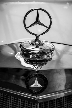 STUTTGART, GERMANY - MARCH 04, 2017: Mercedes-Benz 300S (three-beam star), closeup. Hood ornament of...