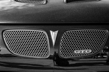 STUTTGART, GERMANY - MARCH 04, 2017: Detail of muscle car Pontiac GTO (Fourth generation), 2006. Black and white. Europe's greatest classic car exhibition "RETRO CLASSICS"のeditorial素材