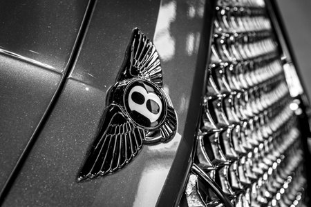 STUTTGART, GERMANY - MARCH 04, 2017: Hood ornament of large luxury crossover SUV Bentley Bentayga, 2016. Black and white. Europe's greatest classic car exhibition "RETRO CLASSICS"のeditorial素材