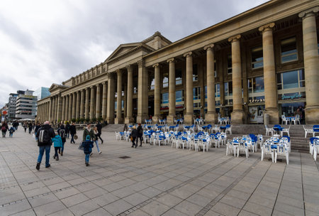 STUTTGART, GERMANY- MARCH 01, 2017: Koenigsbau-Passagen (from 1991 to 2002, the Stuttgart Stock Exchange) and Schlossplatz (Castle square).のeditorial素材