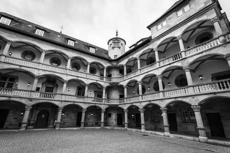 STUTTGART, GERMANY - MARCH 01, 2017: Inner courtyard of the Old Castle (10th century). Black and white. Stuttgart is the capital and the largest city of the state of Baden-Wuerttemberg.のeditorial素材