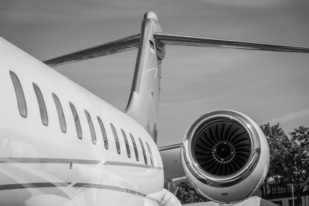 BERLIN, GERMANY - MAY 21, 2014: Detail of a business jet Bombardier Global 5000. Black and white. Exhibition ILA Berlin Air Show 2014のeditorial素材