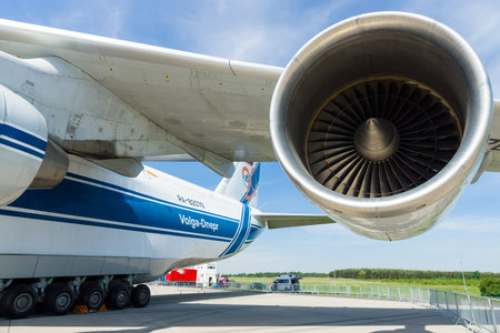 BERLIN, GERMANY - MAY 21, 2014: Turbojets Ivchenko Progress D-18T of a jet aircraft Antonov An-124 Ruslan. Exhibition ILA Berlin Air Show 2014のeditorial素材