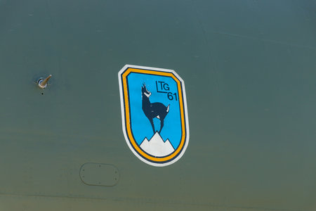 BERLIN, GERMANY - MAY 21, 2014: Coat of military aviation unit LTG 61 (Lufttransportgeschwader 61) aircraft Transall C-160. German Air Force. Exhibition ILA Berlin Air Show 2014のeditorial素材