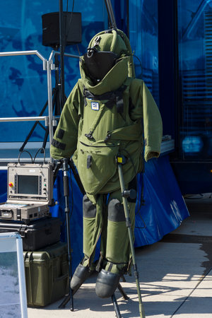 BERLIN, GERMANY - MAY 21, 2014: Bomb suit. German Army. Exhibition ILA Berlin Air Show 2014のeditorial素材