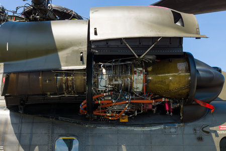 BERLIN, GERMANY - MAY 21, 2014: A turboshaft engine General Electric T64-GE-413 of a heavy-lift cargo helicopter Sikorsky CH-53 Sea Stallion. Exhibition ILA Berlin Air Show 2014のeditorial素材