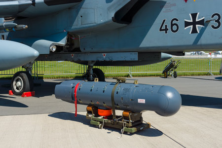 BERLIN, GERMANY - MAY 21, 2014: Laser Designator Pod. German Air Force. Exhibition ILA Berlin Air Show 2014のeditorial素材