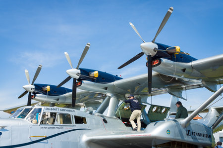 BERLIN, GERMANY - MAY 21, 2014: Turboprop engine Pratt & Whitney Canada PT6A-45, close-up. Flying boat Dornier Do 24ATT Amphibian (modern replica). Exhibition ILA Berlin Air Show 2014のeditorial素材