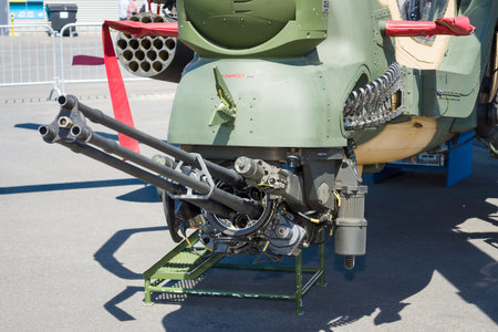 BERLIN, GERMANY - MAY 21, 2014: Armament of attack helicopter TAI-AgustaWestland T129 ATAK. Turkish Air Force. Exhibition ILA Berlin Air Show 2014のeditorial素材