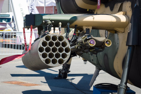 BERLIN, GERMANY - MAY 21, 2014: Armament of attack helicopter TAI-AgustaWestland T129 ATAK. Turkish Air Force. Exhibition ILA Berlin Air Show 2014のeditorial素材