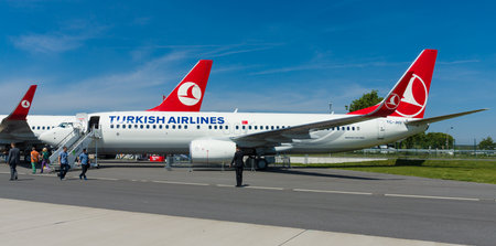 BERLIN, GERMANY - MAY 21, 2014: A short-to medium-range twinjet narrow-body airliner Boeing 737-800. Turkish Airlines. Exhibition ILA Berlin Air Show 2014のeditorial素材