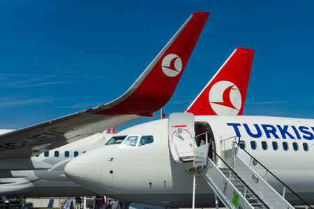 BERLIN, GERMANY - MAY 21, 2014: A short-to medium-range twinjet narrow-body airliner Boeing 737-800. Turkish Airlines. Exhibition ILA Berlin Air Show 2014のeditorial素材