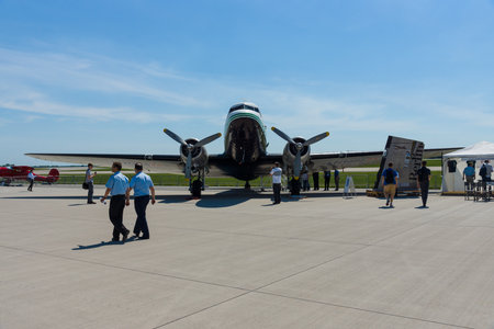 BERLIN, GERMANY - MAY 21, 2014: A fixed-wing propeller-driven airliner Douglas DC-3. Exhibition ILA Berlin Air Show 2014のeditorial素材