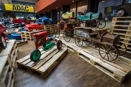 BERLIN - MAY 13, 2017: Various of vintage pedal cars. Exhibition "Oldtimertage Berlin-Brandenburg".のeditorial素材