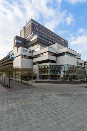 SCHWEINFURT, GERMANY - APRIL 21, 2017: Shopping and entertainment center, office building, and the Panorama Hotel in the old part of the city.のeditorial素材