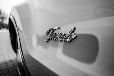 PAAREN IM GLIEN, GERMANY - JUNE 03, 2017: Detail of a full-size personal car Oldsmobile Toronado, 1968. Black and white. Exhibition "Die Oldtimer Show".のeditorial素材