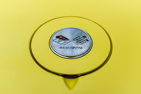 PAAREN IM GLIEN, GERMANY - JUNE 03, 2017: Emblem of the sports car Chevrolet Corvette Stingray Coupe, closeup. Exhibition "Die Oldtimer Show".のeditorial素材