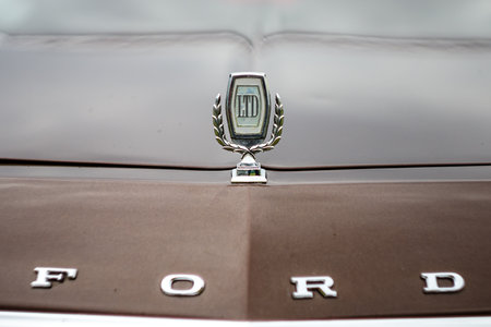 PAAREN IM GLIEN, GERMANY - JUNE 03, 2017: Hood ornament of mid-size car Ford LTD II, close-up. Exhibition "Die Oldtimer Show".のeditorial素材