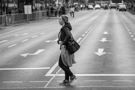 BERLIN - APRIL 02, 2017: The annual 37th Berlin Half Marathon. Beginning of the race. Empty starting line. Black and white.のeditorial素材