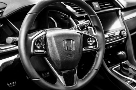 BERLIN - JUNE 17, 2017: Interior of the compact car Honda Civic 1,5 Sport Plus, 2017. Black and white. Classic Days Berlin 2017.のeditorial素材