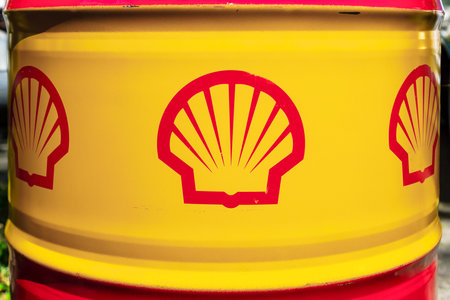BERLIN - JUNE 17, 2017: Shell emblem on the oil barrel. Royal Dutch Shell (Shell), is a British-Dutch multinational oil and gas company and the sixth-largest company in the world.のeditorial素材