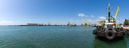 BURGAS, BULGARIA - AUGUST 20, 2017: Panoramic view of the water area of the seaport of Burgas. Burgas, is the second largest city on the Bulgarian Black Sea Coast.のeditorial素材