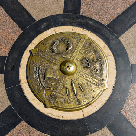 BURGAS, BULGARIA - AUGUST 20, 2017: Zero kilometer indicator on the road, close-up. Burgas, is the second largest city on the Bulgarian Black Sea Coast.のeditorial素材