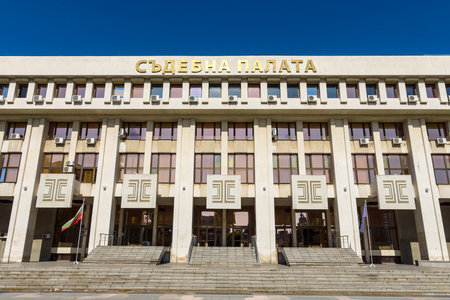 BURGAS, BULGARIA - AUGUST 20, 2017: The facade of the court building. Burgas, is the second largest city on the Bulgarian Black Sea Coast.のeditorial素材