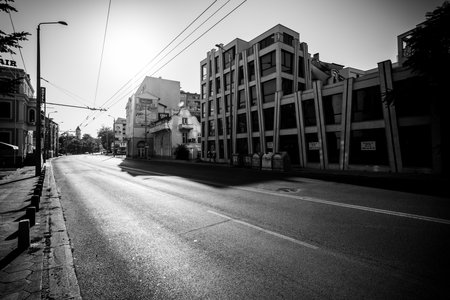 BURGAS, BULGARIA - AUGUST 20, 2017: The central streets of the seaside city. Black and white. Burgas, is the second largest city on the Bulgarian Black Sea Coast.のeditorial素材