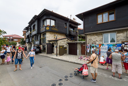 NESEBAR, BULGARIA - AUGUST 21, 2017: Typical houses and streets in the town  of Nesebar. Nesebar is an ancient city and one of the major seaside resorts on the Bulgarian Black Sea Coast.のeditorial素材