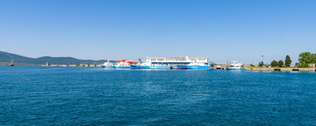 SOZOPOL, BULGARIA - AUGUST 24, 2017: View of the water area and the border ship in the seaport of Sozopol.のeditorial素材
