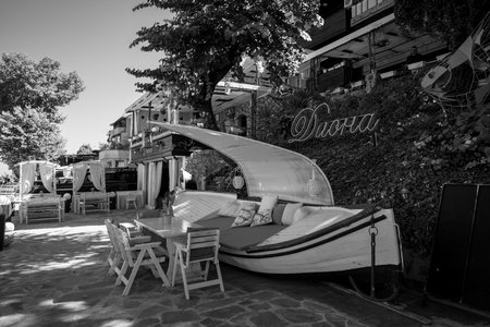 SOZOPOL, BULGARIA - AUGUST 24, 2017: Unusual restaurant on the seafront of the Ancient seaside town on the Black Sea Bulgarian Black Sea Coast. Black and white.のeditorial素材