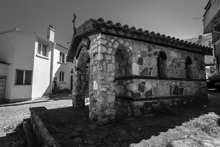 SOZOPOL, BULGARIA - AUGUST 24, 2017: Chapel of Saint Constantine the Great and Saint Helena of Constantinople of an ancient seaside town on the Black Sea Bulgarian Black Sea Coast. Black and white.のeditorial素材