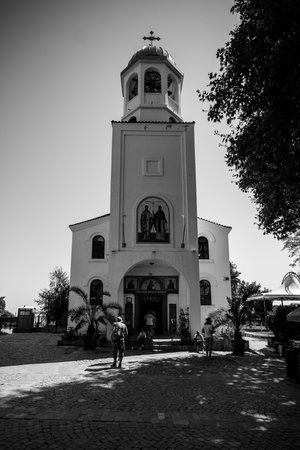 SOZOPOL, BULGARIA - AUGUST 24, 2017: Church of St. Cyril and St. Methodius of an ancient seaside town on the southern Bulgarian Black Sea Coast. Black and white.のeditorial素材