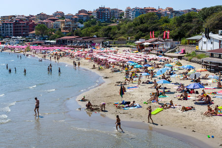 SOZOPOL, BULGARIA - AUGUST 24, 2017: View of the public beach of Sozopol in the ancient seaside town on the Black Sea Bulgarian Black Sea Coast.のeditorial素材