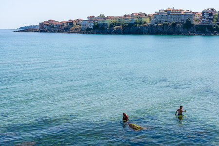 SOZOPOL, BULGARIA - AUGUST 24, 2017: A view of the town and the beach of Sozopol in the ancient seaside town on the southern Bulgarian Black Sea Coast.のeditorial素材