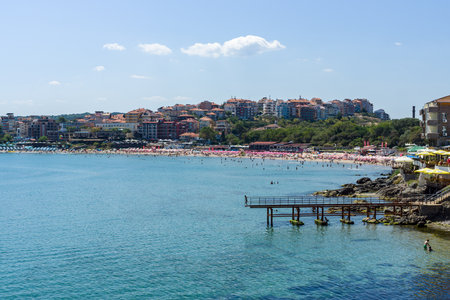 SOZOPOL, BULGARIA - AUGUST 24, 2017: A view of the town and the beach of Sozopol in the ancient seaside town on the southern Bulgarian Black Sea Coast.のeditorial素材