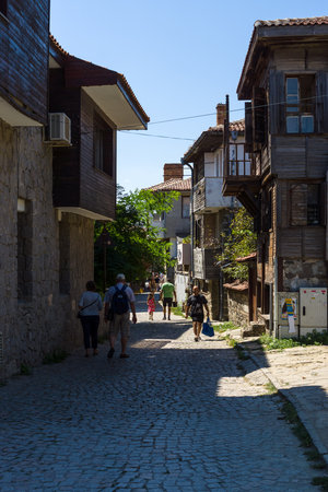 SOZOPOL, BULGARIA - AUGUST 24, 2017: Narrow streets of an ancient seaside town on the southern Bulgarian Black Sea Coast.のeditorial素材