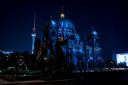 BERLIN - OCTOBER 08, 2017: Berliner Dom (Berlin Cathedral) in festival illumination. Festival of lights 2017.のeditorial素材
