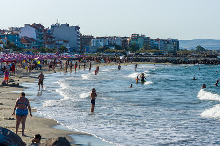 POMORIE, BULGARIA - AUGUST 26, 2017: View of the public beach on the the seaside town of Pomorie on the Black Sea Bulgarian Black Sea Coast.のeditorial素材