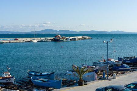POMORIE, BULGARIA - AUGUST 26, 2017: View on the sea port of the seaside resort town of Pomorie.のeditorial素材