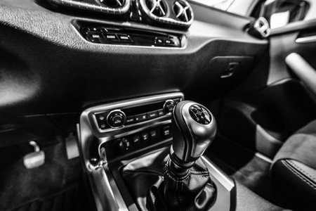 BERLIN - DECEMBER 21, 2017: Showroom. The shift knob of mid-size luxury pickup truck Mercedes-Benz...